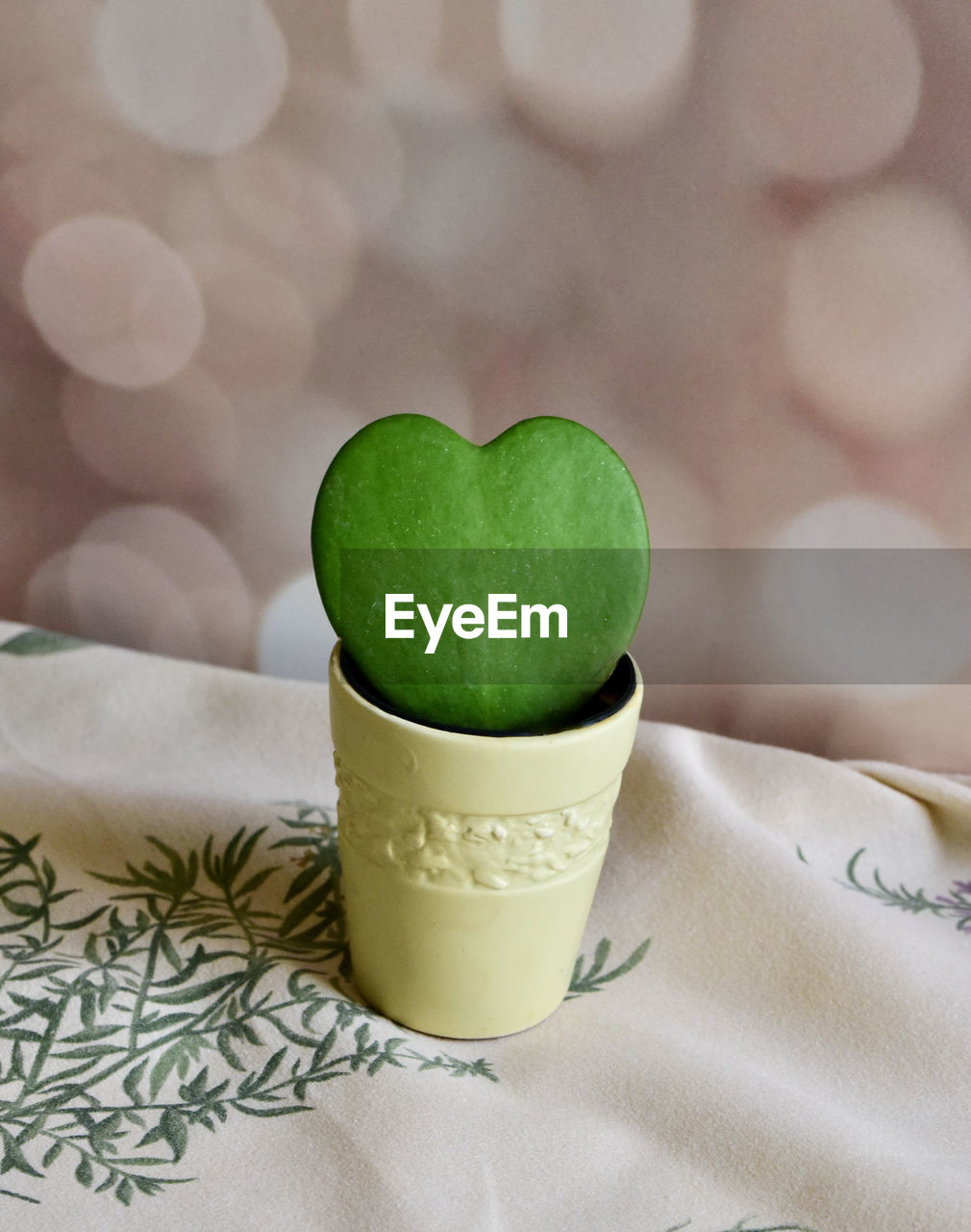 green, food and drink, food, indoors, drink, no people, cup, heart shape, still life, lighting, dessert, flower, tablecloth, refreshment, close-up, textile, freshness, mug, produce, nature, pattern, celebration, paper, hot drink, sweet food, focus on foreground, tea