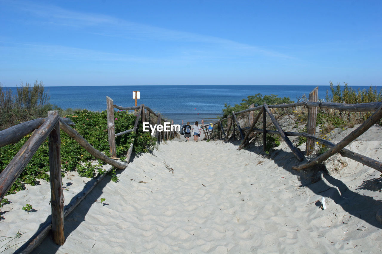 Scenic view of beach against blue sky