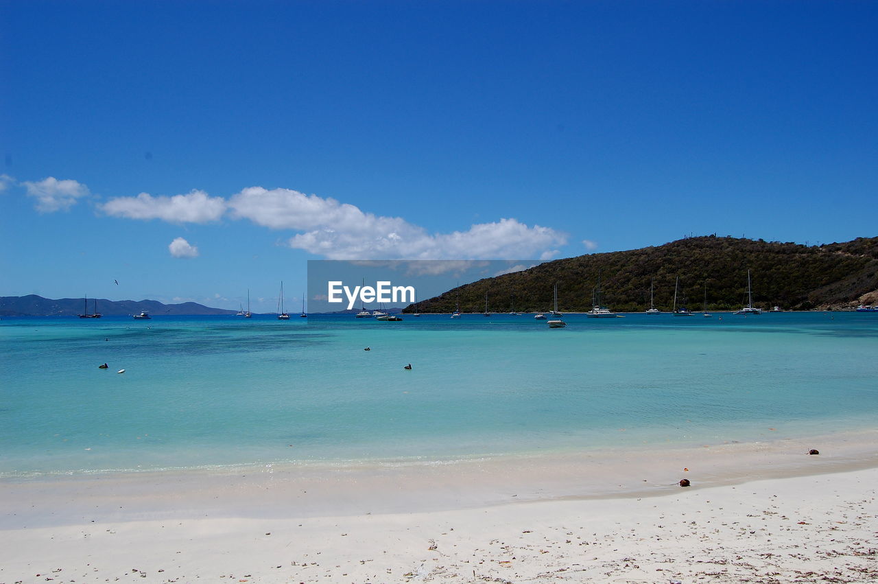 SAILBOATS ON BEACH AGAINST BLUE SKY