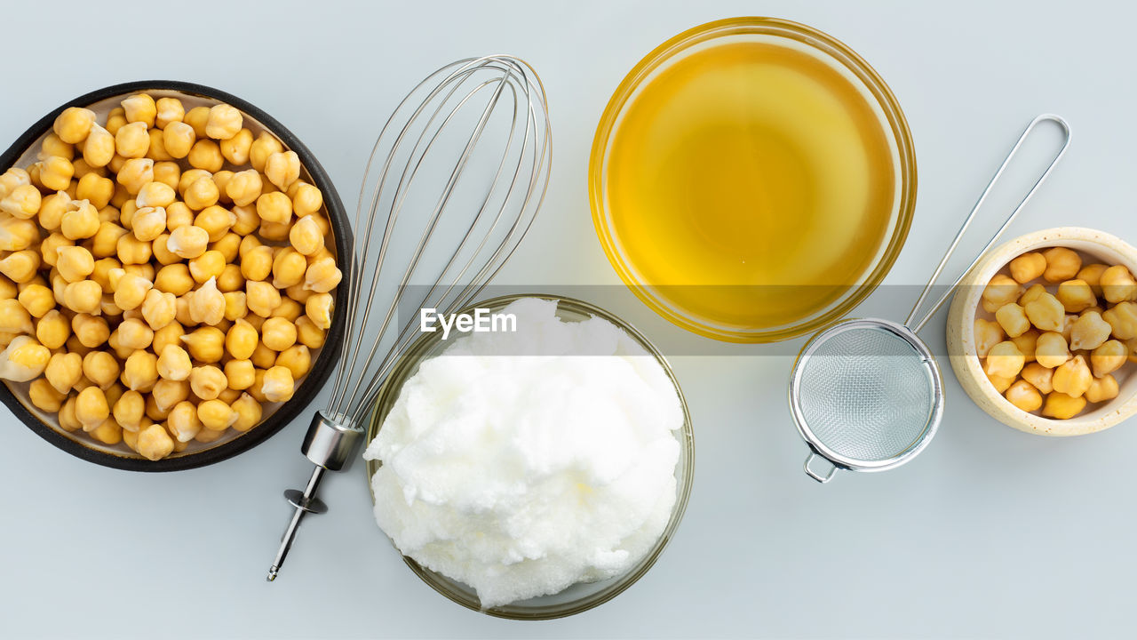 Chickpea aquafaba. egg replacement. vegan cooking concept. copy space. banner. mock up.