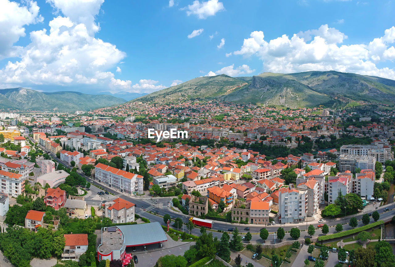 High angle shot of townscape against sky