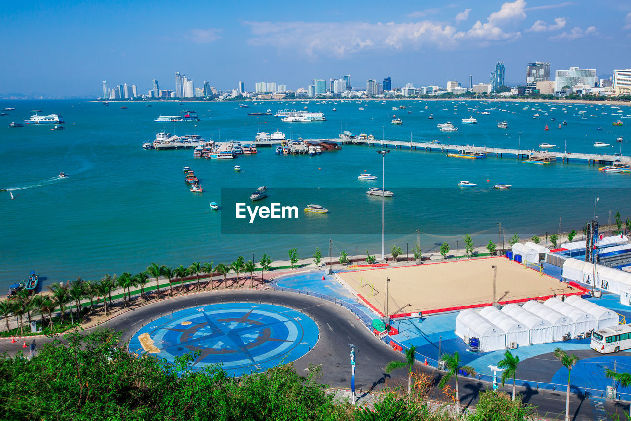 HIGH ANGLE VIEW OF CITY BY SEA