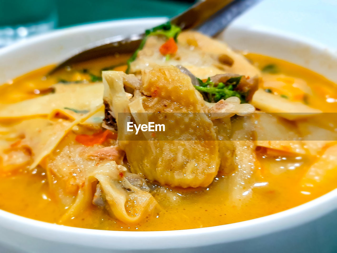 High angle view of soup in bowl on table