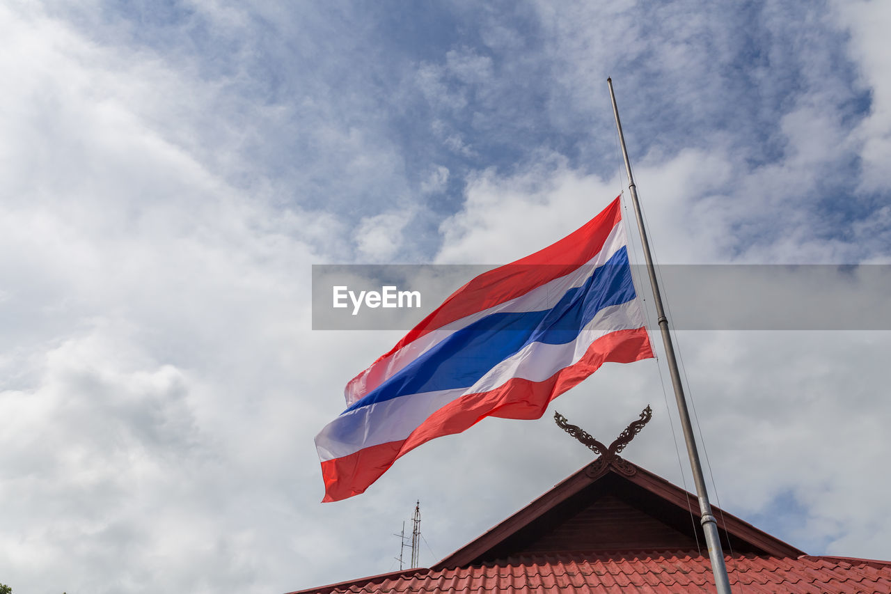 LOW ANGLE VIEW OF FLAG AGAINST CLOUDY SKY