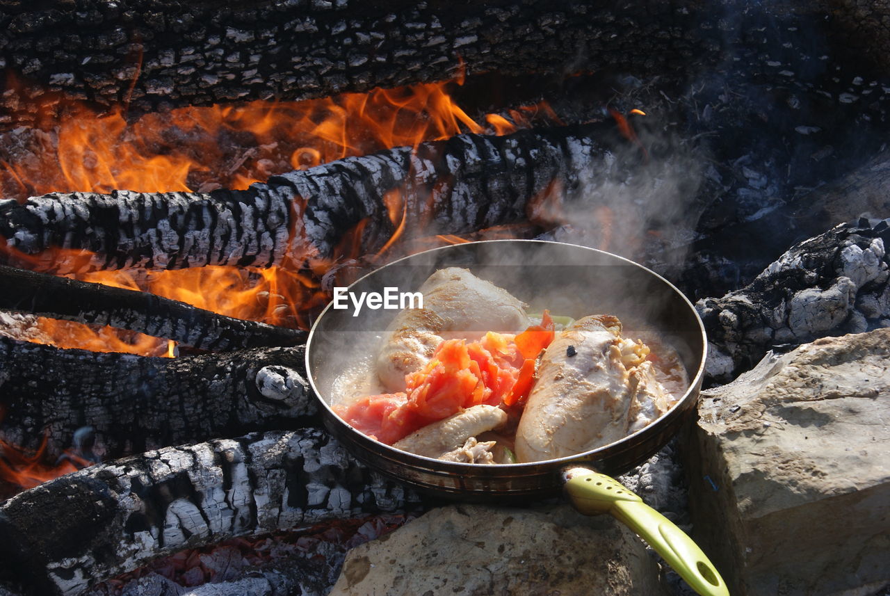 Close-up of meat on barbecue grill