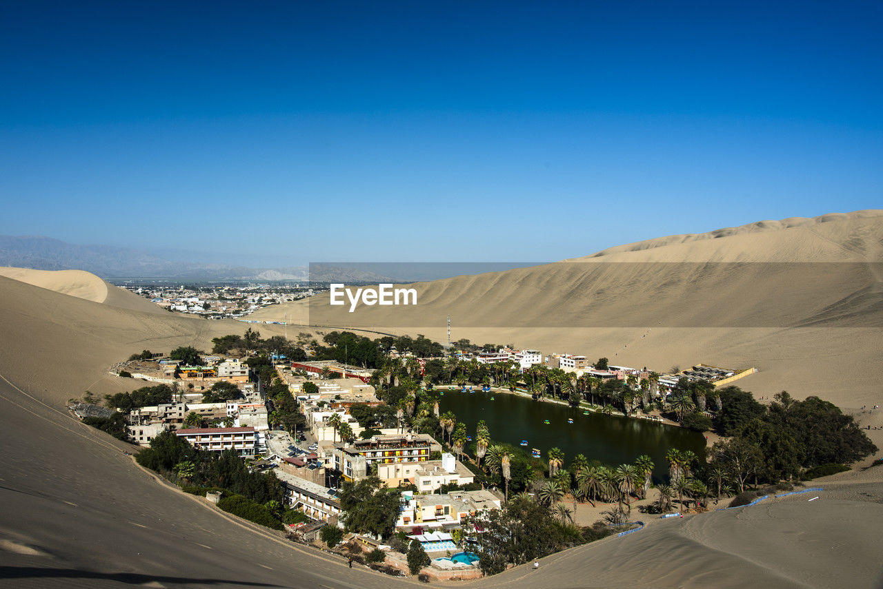 high angle view of cityscape against clear blue sky