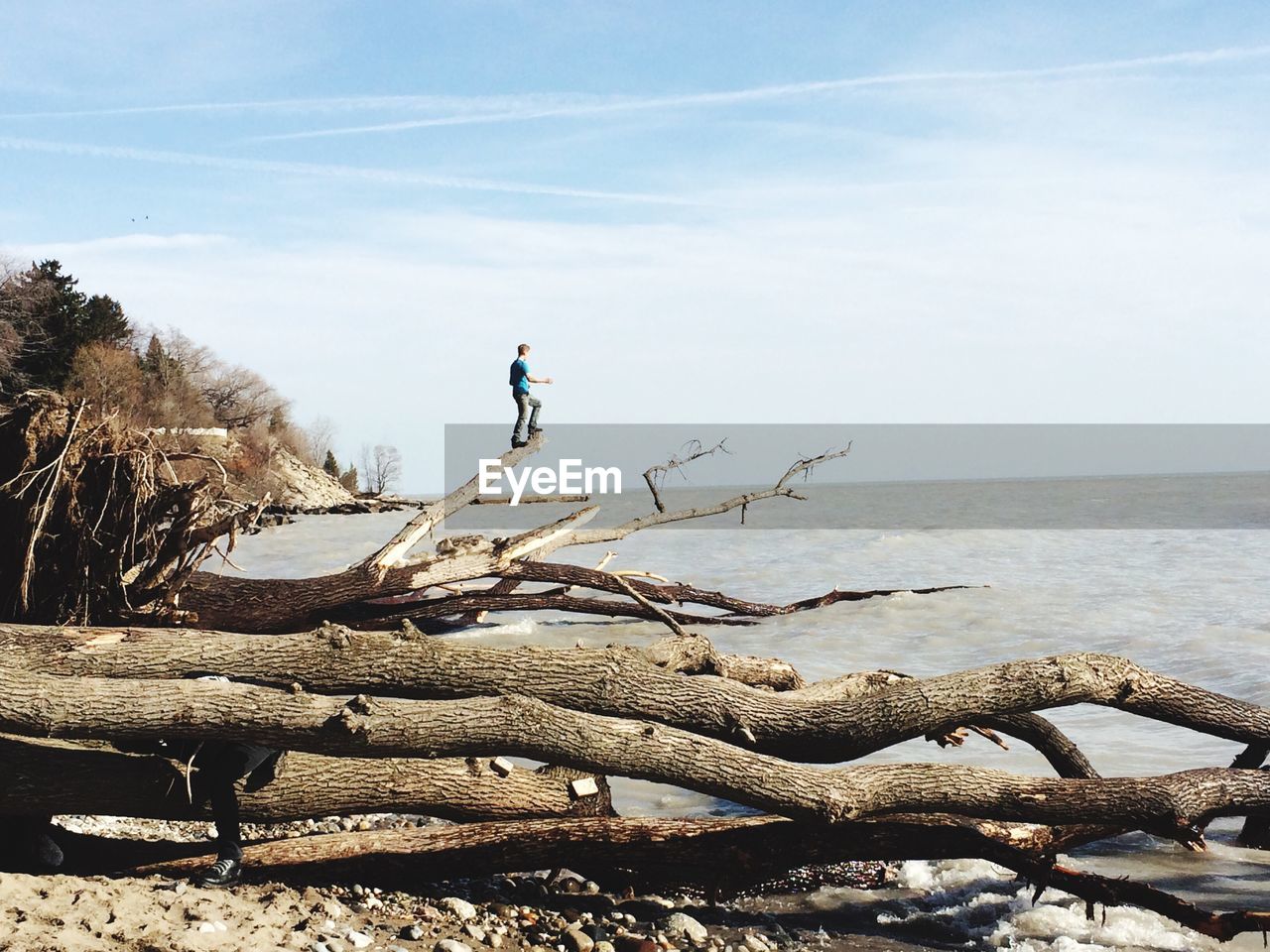 Man standing on log at beach against sky