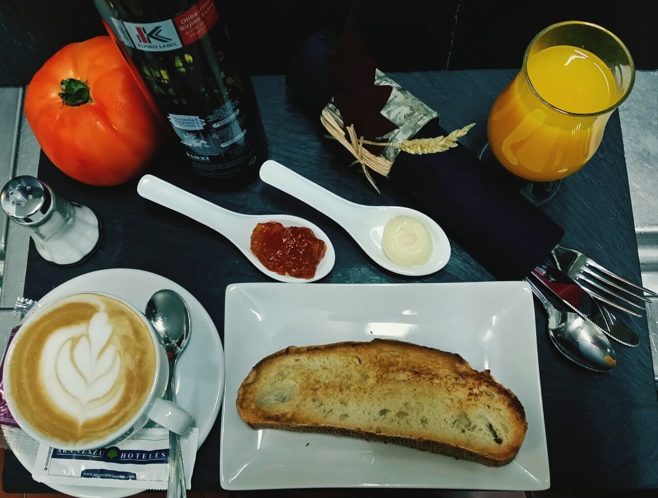 HIGH ANGLE VIEW OF BREAKFAST AND COFFEE ON TABLE