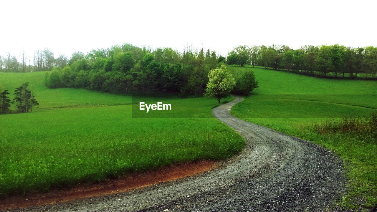 Empty country road amidst farms against clear sky