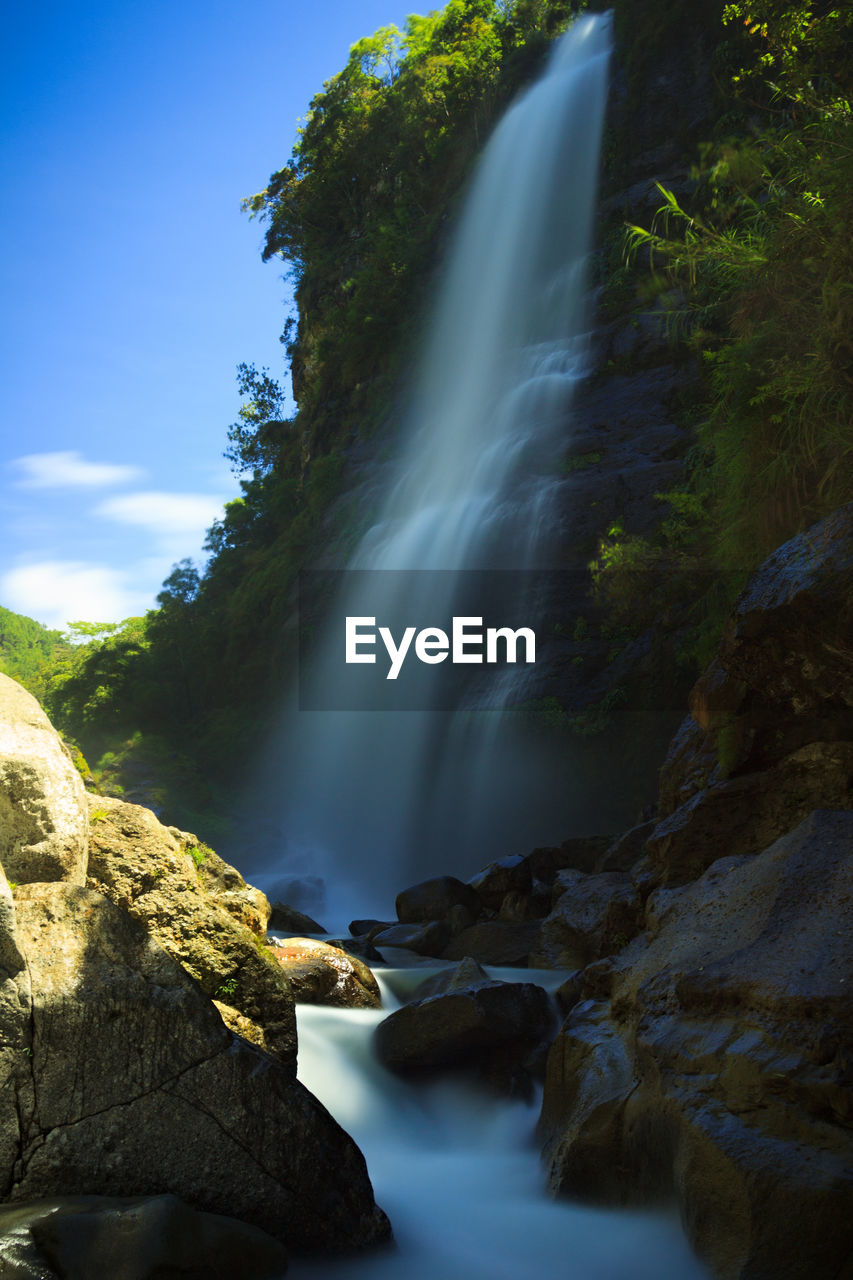 SCENIC VIEW OF WATERFALL AMIDST ROCKS