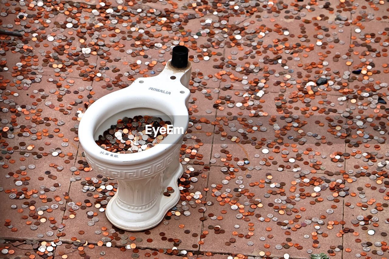 High angle view of coins in toilet bowl and footpath