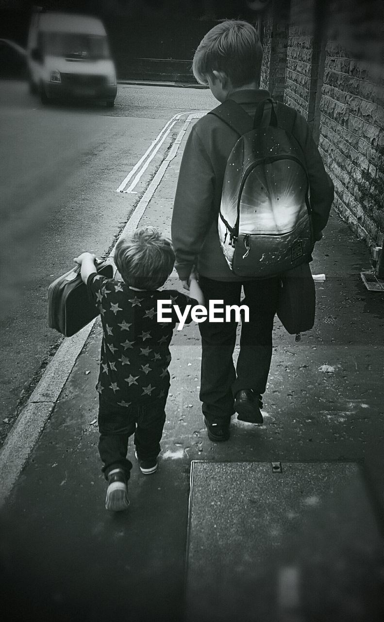 Rear view of brothers walking on road