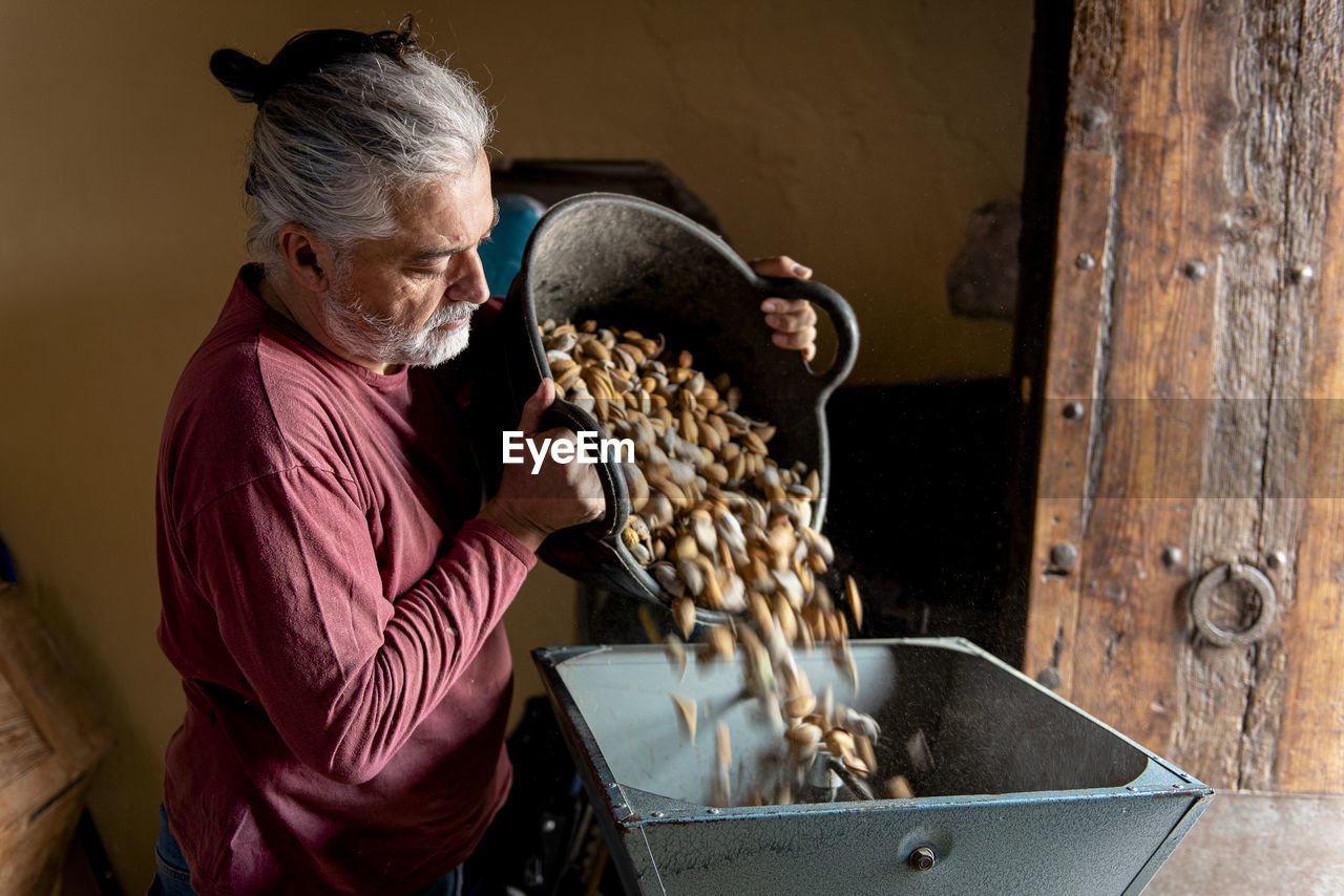 Male farmer pouring a basket of hand harvested almonds.