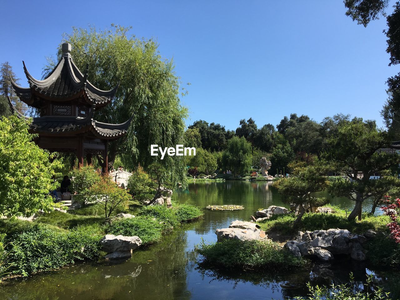 Gazebo by pond and trees against sky in park on sunny day