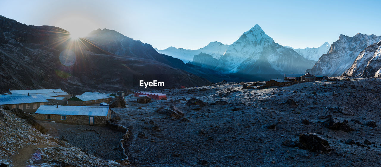 Scenic view of snowcapped mountains against sky during winter