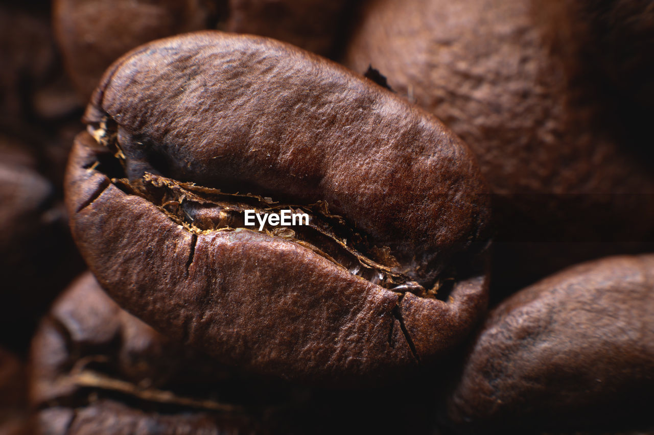 Close up extreme macro group of roasted brown or black coffee beans background in shallow depth of