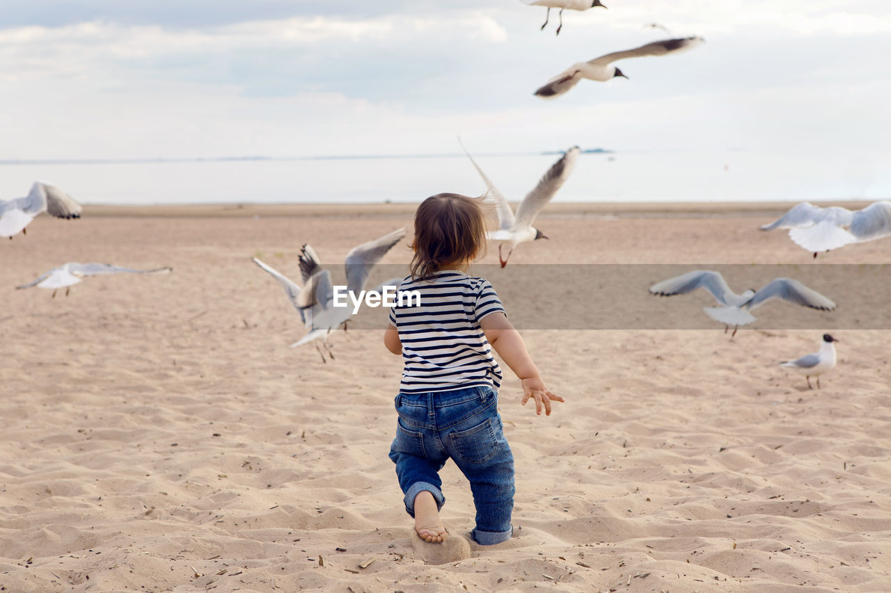 Baby boy in striped sailor t-shirt running on the sandy beach with seagulls near the sea in summer