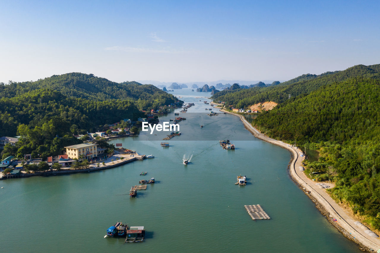 High angle view of boats in bay