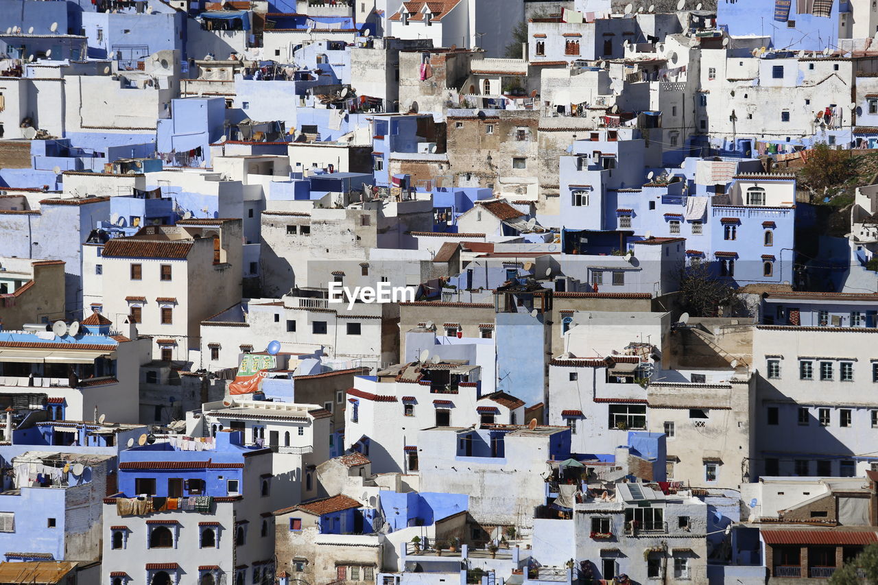 High angle view of buildings in city, chefchaouen morocco 