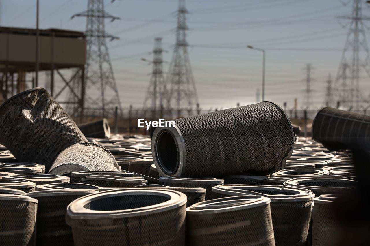 CLOSE-UP OF STACK OF OBJECTS AT AIRPORT