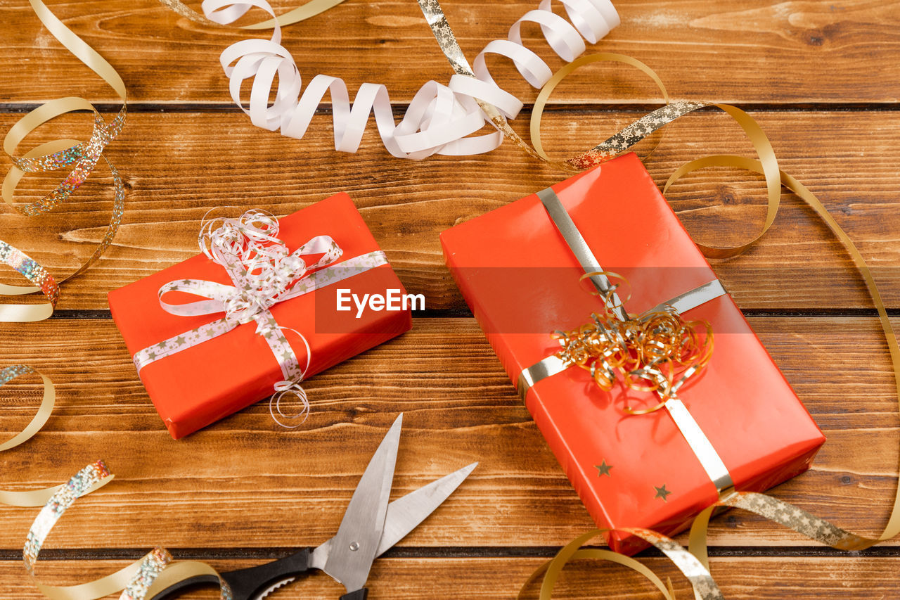 High angle view of christmas decorations on table