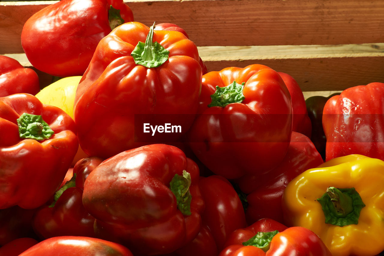 High angle view of bell peppers in basket