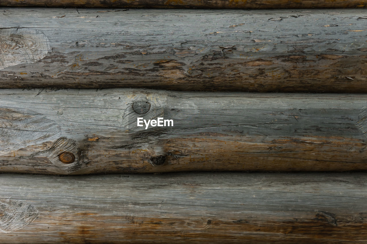 A wooden background of an old fashioned rustic round log wall