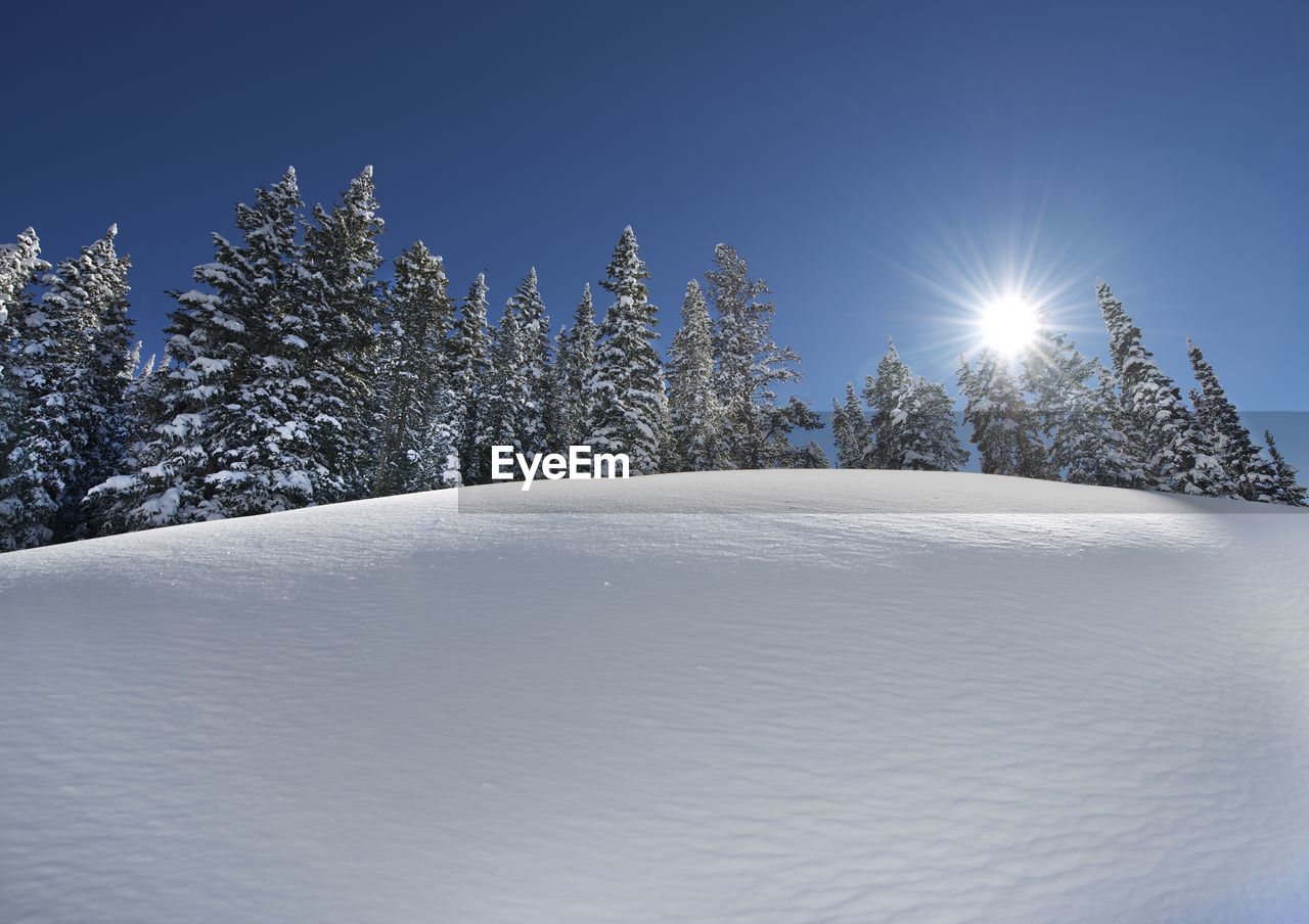 Snow covered land against clear blue sky