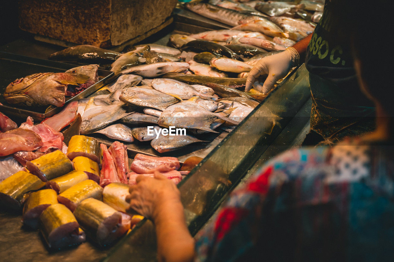 high angle view of seafood for sale at market stall