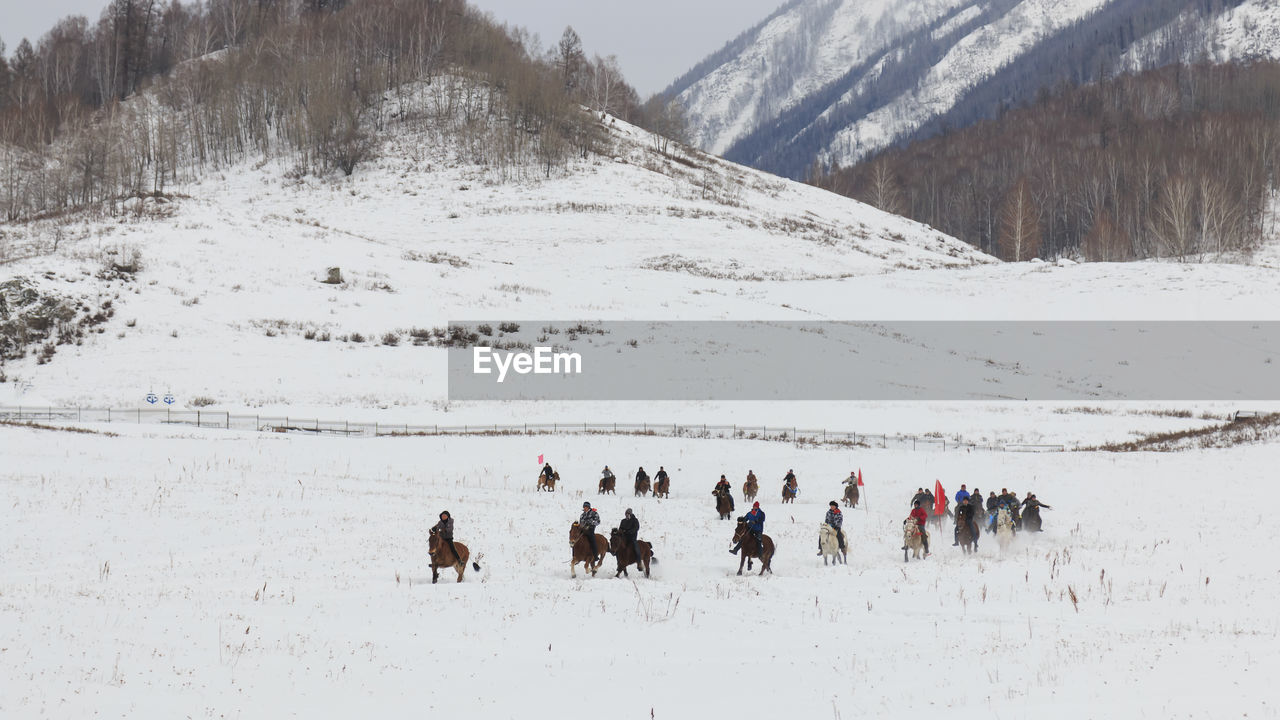 People riding horses on snowcapped landscape