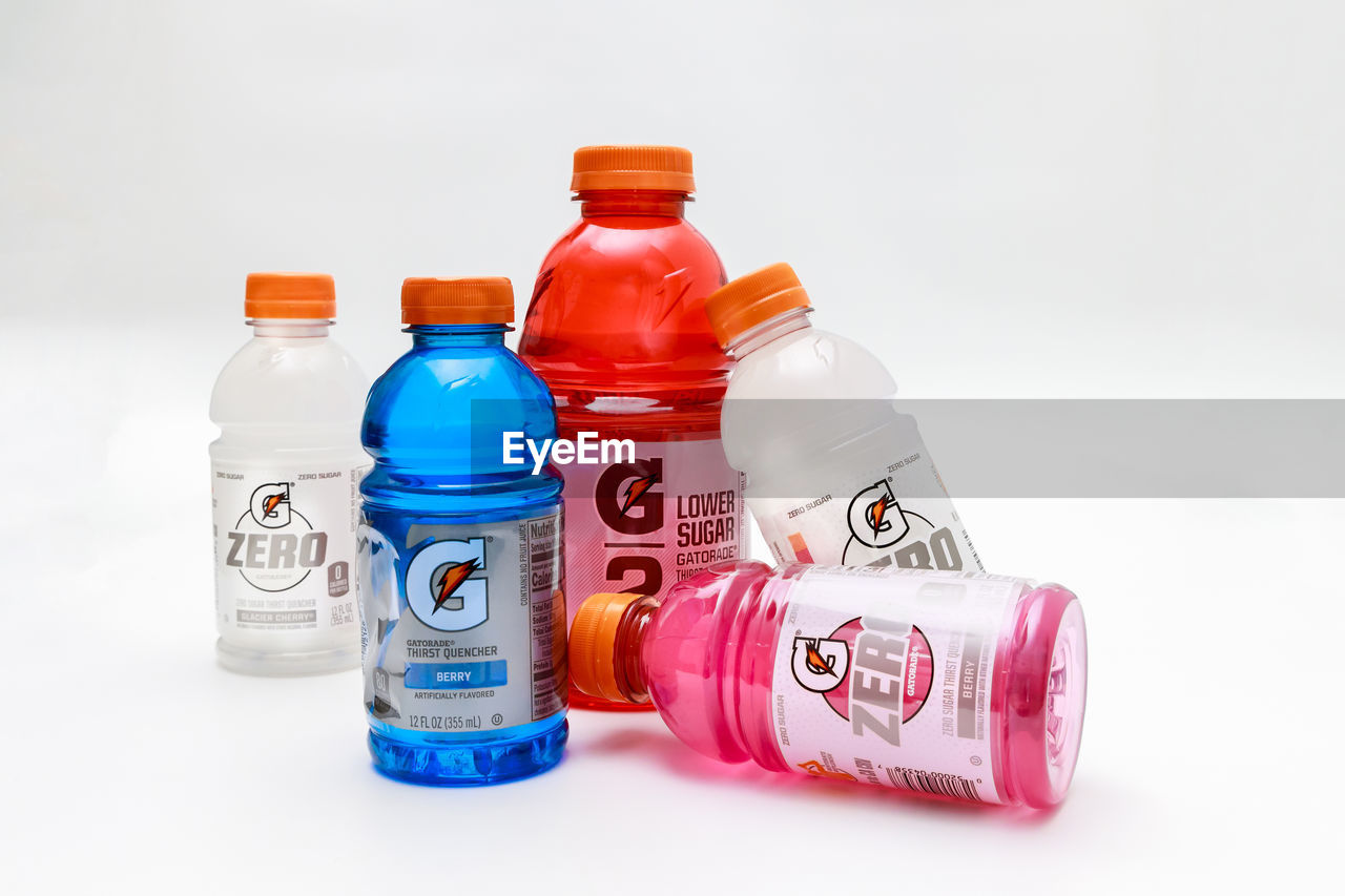 bottle, container, plastic bottle, white background, drinkware, studio shot, group of objects, cut out, no people, drink, indoors, healthcare and medicine
