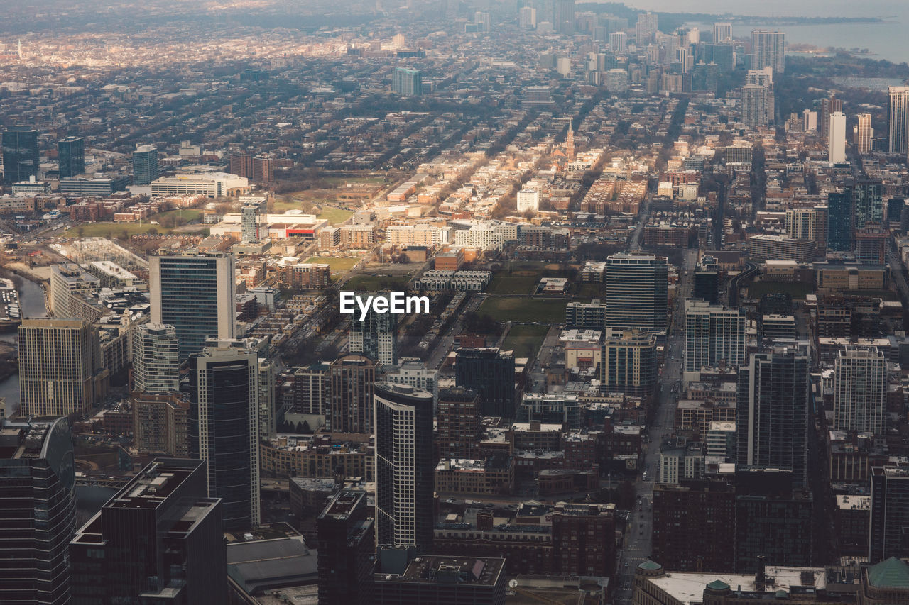 High angle view of modern buildings in city