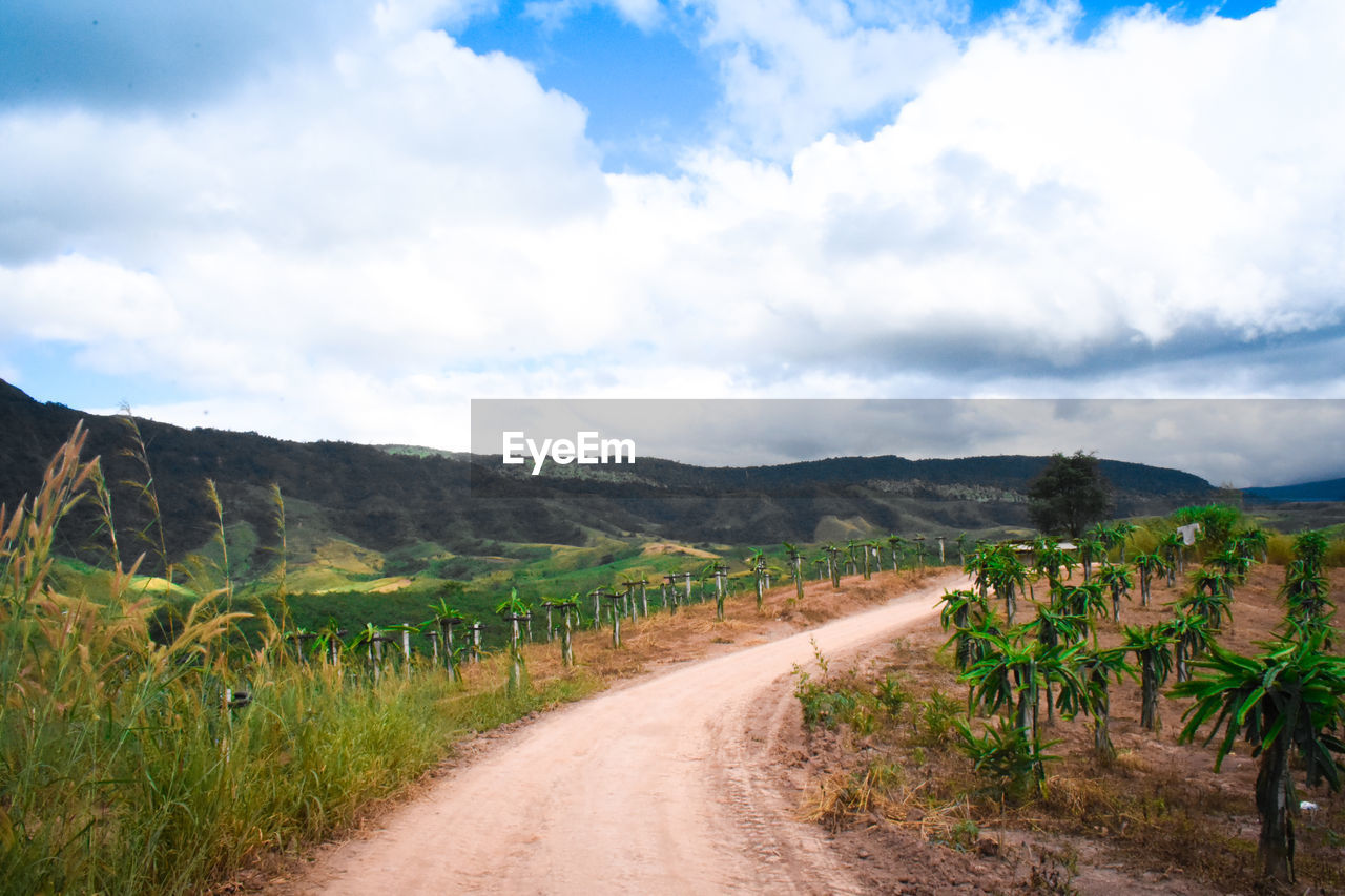 DIRT ROAD LEADING TOWARDS MOUNTAIN AGAINST SKY