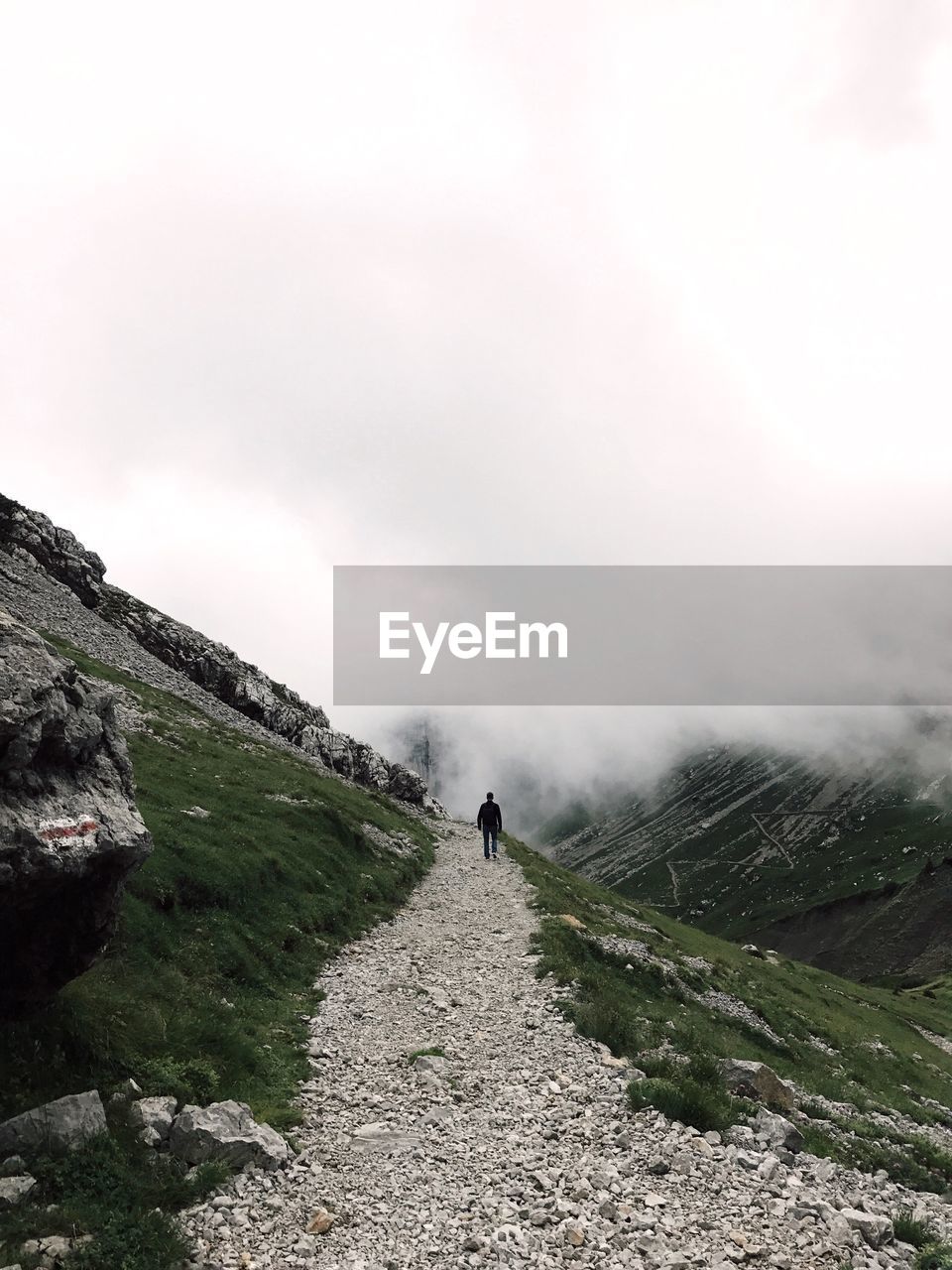 Rear view of man walking on footpath by mountain against sky