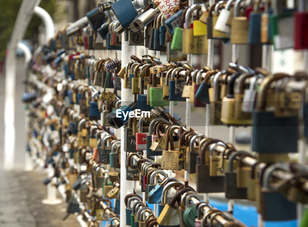 Close-up of padlocks hanging on railing