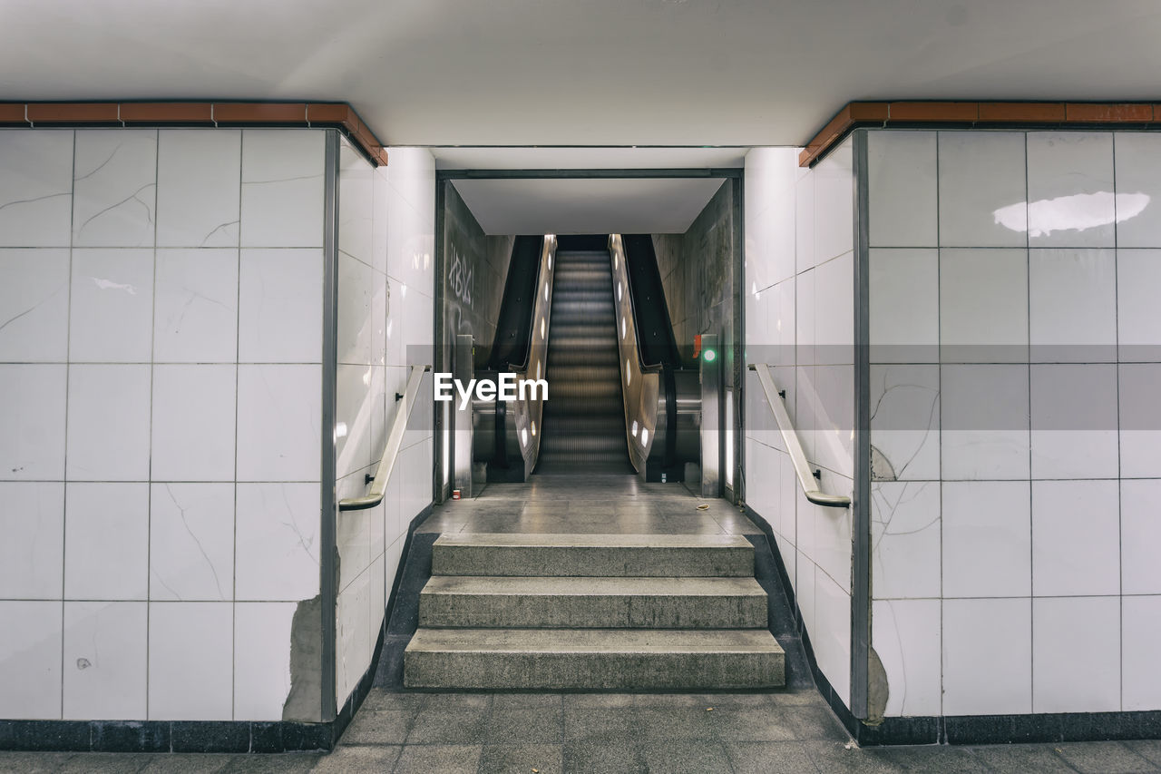 Escalator at empty subway station
