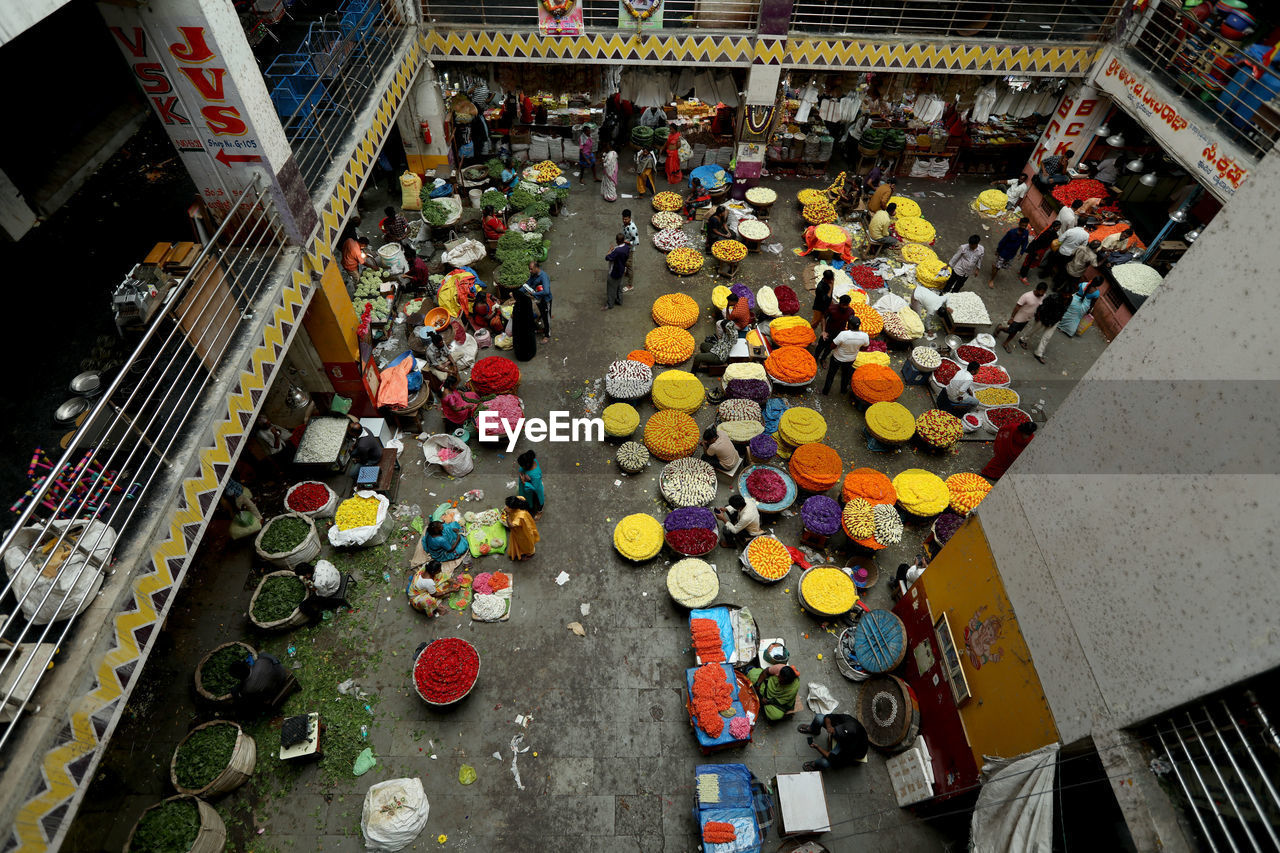 high angle view of people walking on street