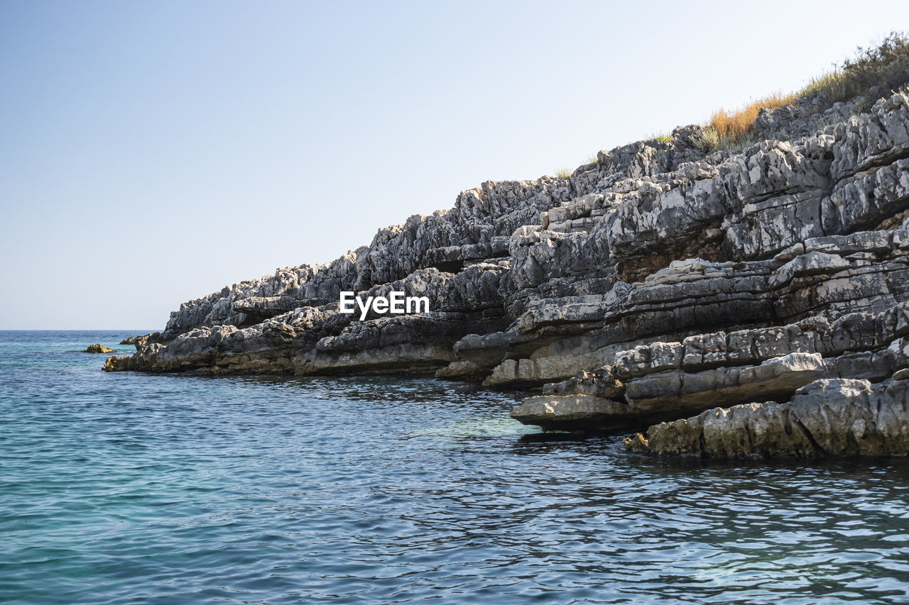 SCENIC VIEW OF ROCKS ON SEA AGAINST CLEAR SKY