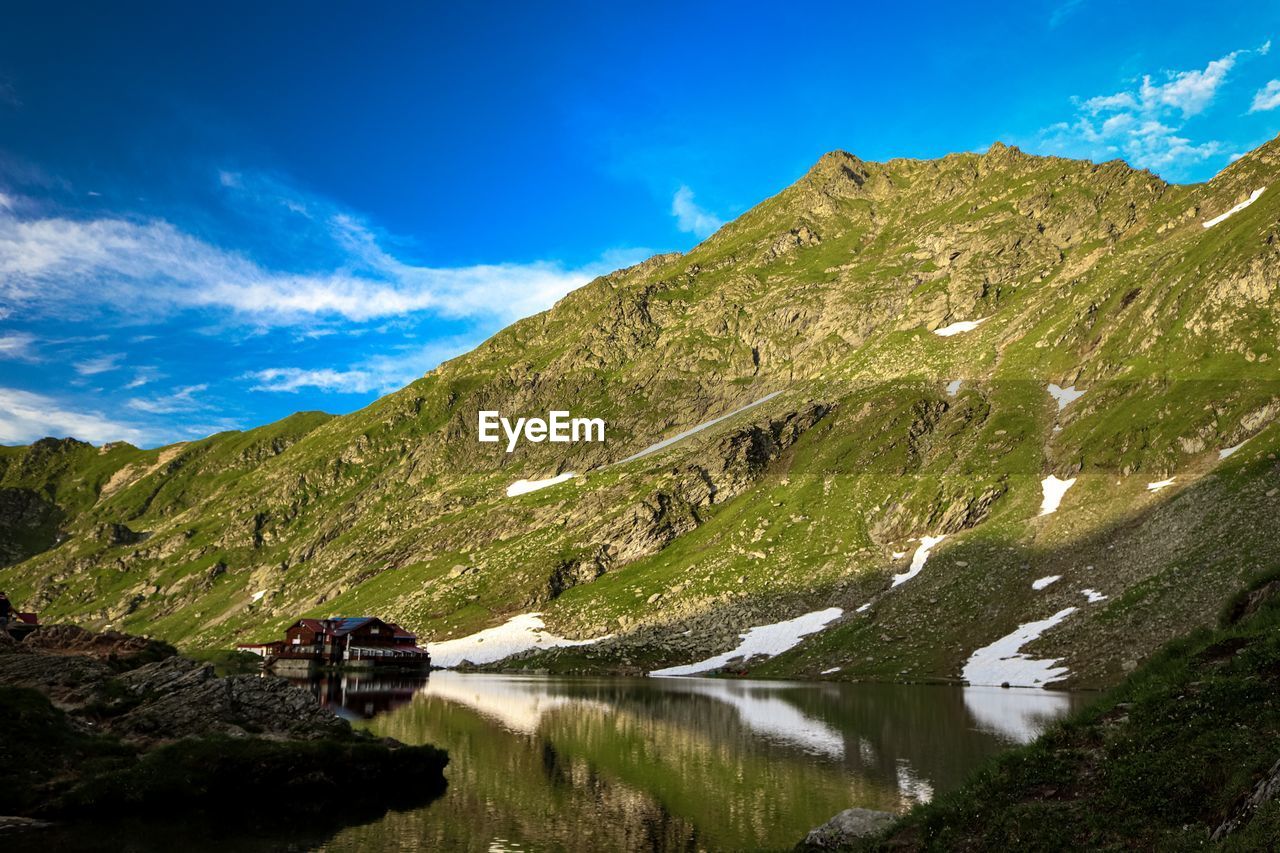 Scenic view of lake by mountains against sky