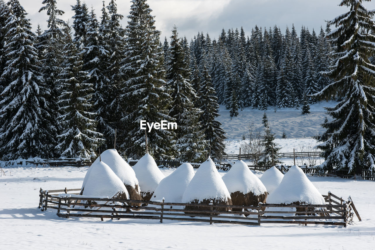 Scenic view of snow covered huts against sky