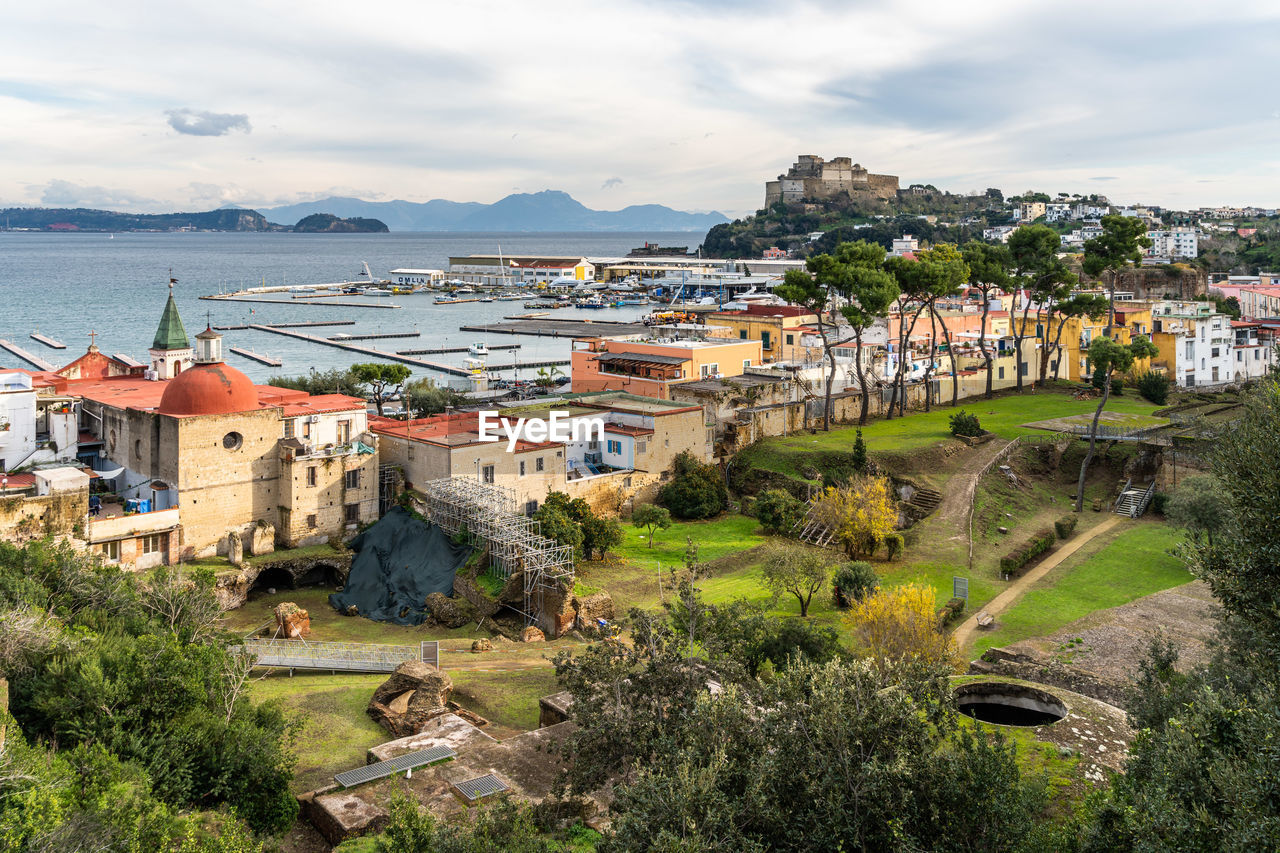 View of baiae archaeology park located on the scenic gulf of naples, campania region, italy