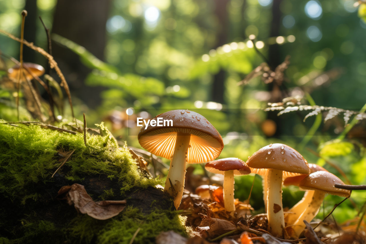 close-up of mushrooms growing on tree