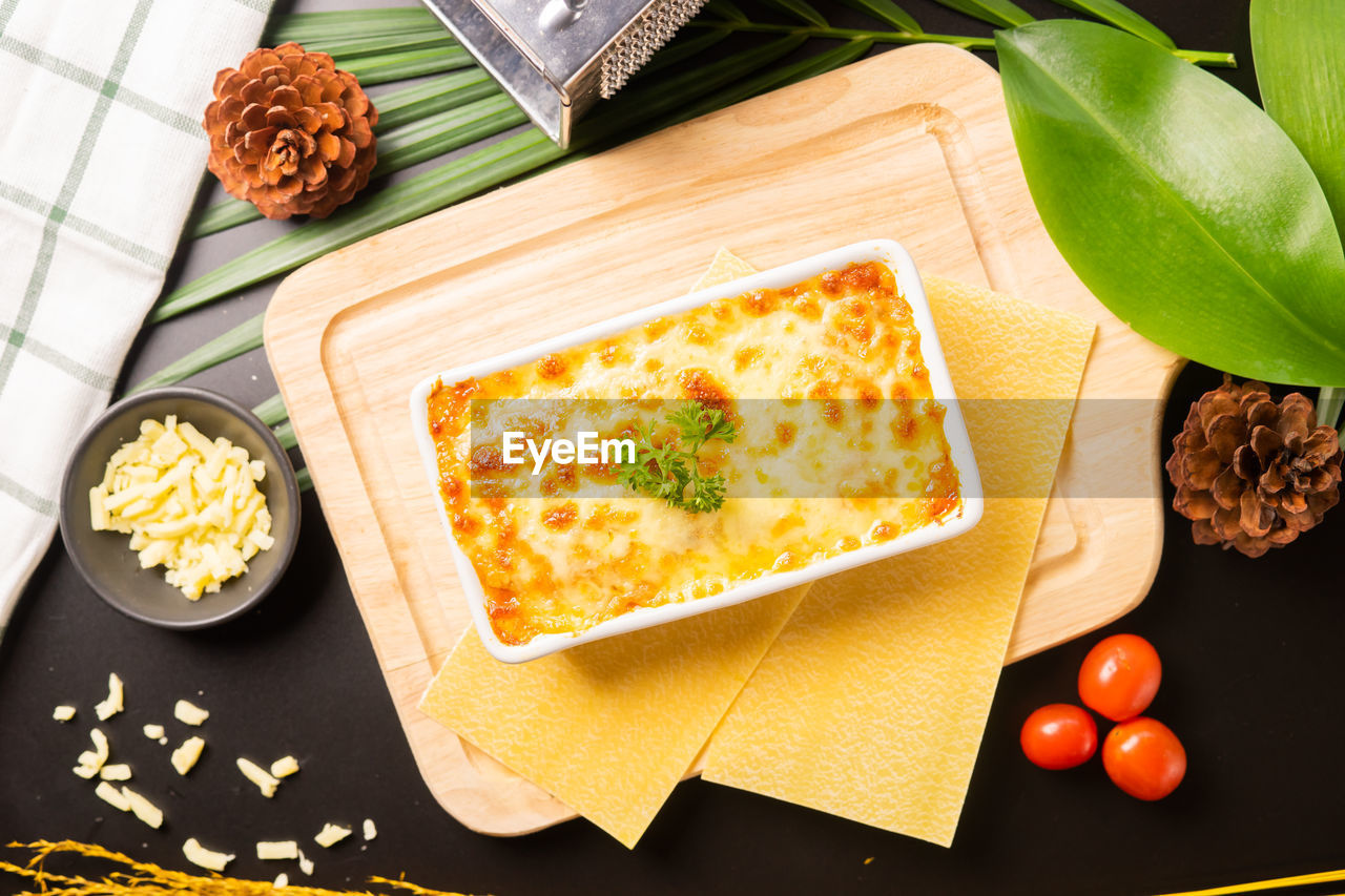 Directly above shot of cooked food in casserole on table