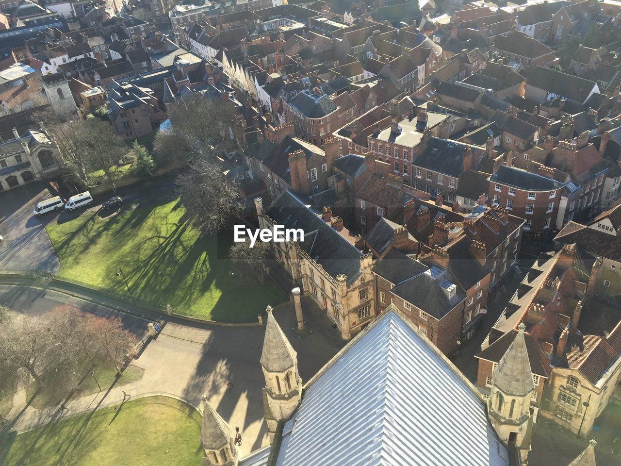 High angle view of york minster by buildings in city