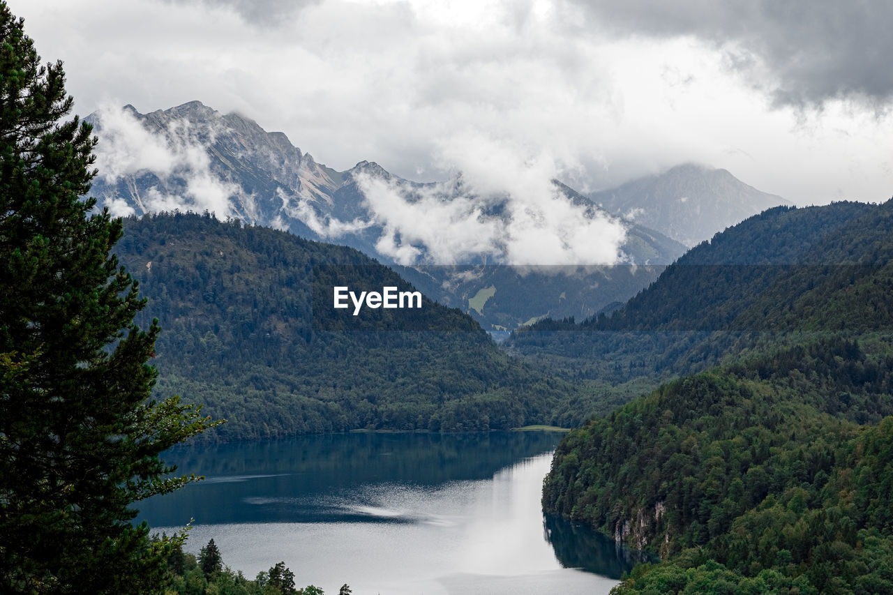 Scenic view of river amidst mountains against sky