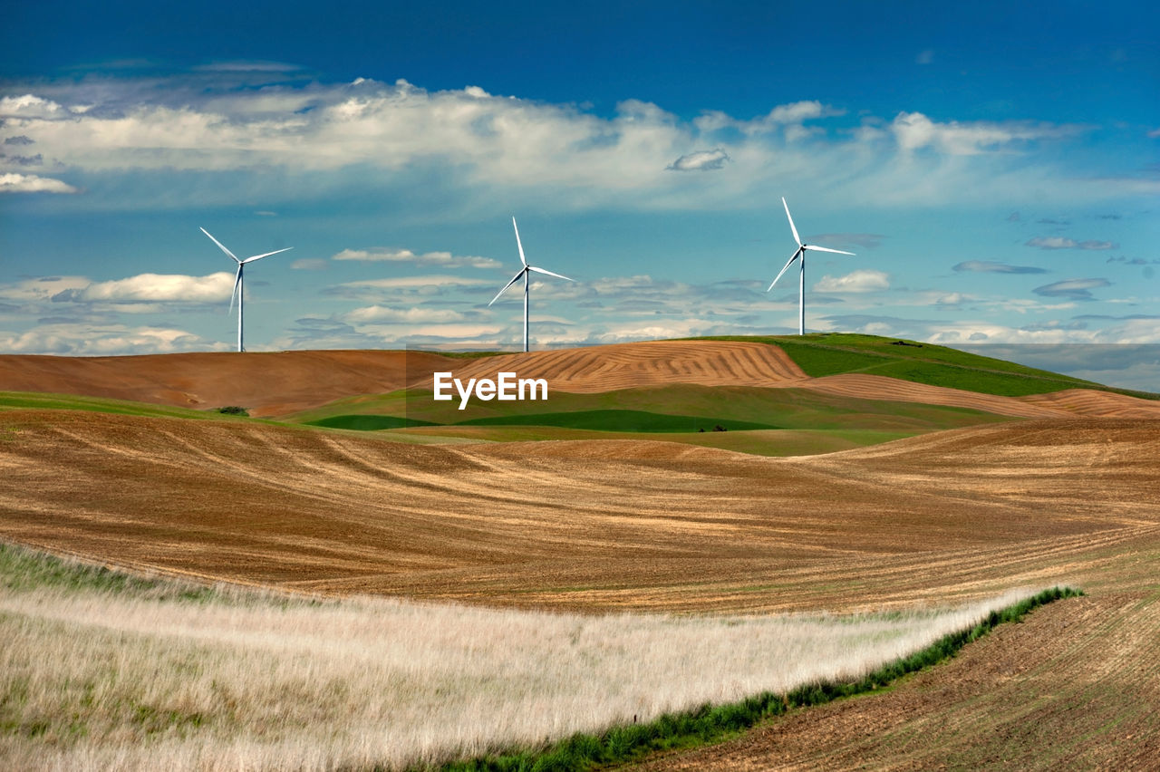 Wind turbines on field against sky