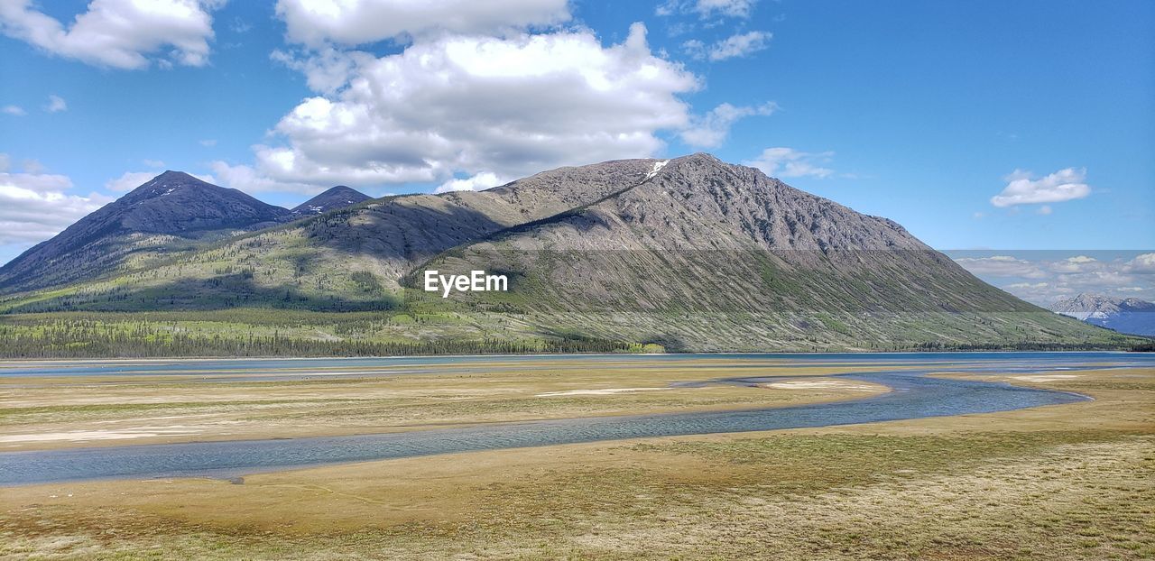 Scenic view of lake and mountains against sky