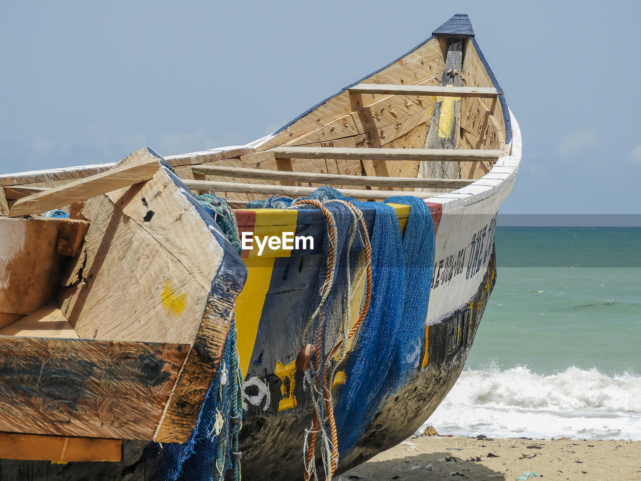 FISHING BOAT ON BEACH AGAINST SKY