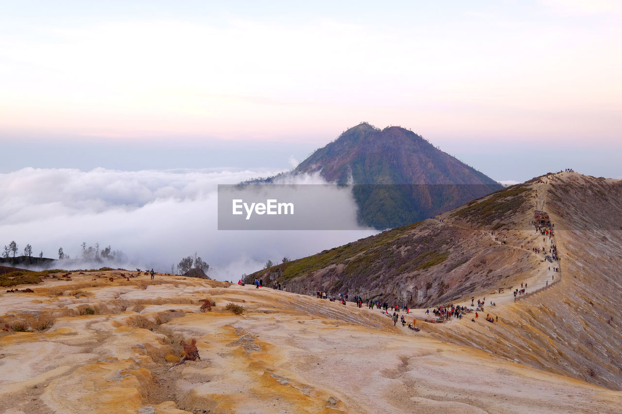 Panoramic view of volcanic landscape against sky during surise