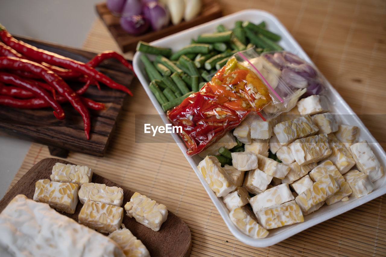 high angle view of seafood on table